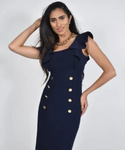 Dresses & Skirts Frank Lyman Navy Gold Button Ruffle Front Dress
