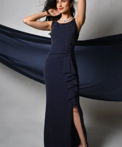 Frank Lyman Navy Sparkle Long Rouched Dress Dresses & Skirts