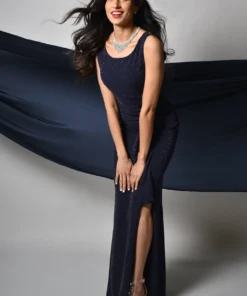 Frank Lyman Navy Sparkle Long Rouched Dress Dresses & Skirts